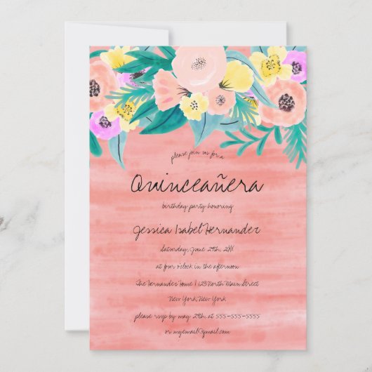 Invitation Elégant Corail Jaune Aquarelle Florale Quinceañera (Devant)