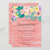 Invitation Elégant Corail Jaune Aquarelle Florale Quinceañera (Devant / Derrière)