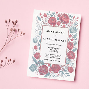 Invitation Elégant corail rose clair cadre floral bleu mariag