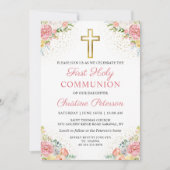 Invitation Élégant corail rose Floral Première sainte communi (Devant)