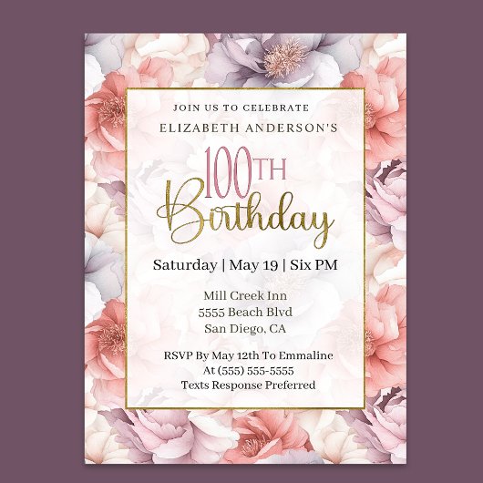 Invitation Elegant Coral and Lavender Peony 100th Birthday 