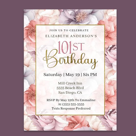 Invitation Elegant Coral and Lavender Peony 101st Birthday 
