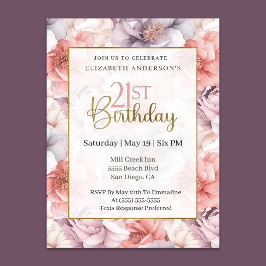 Invitation Elegant Coral and Lavender Peony 21st Birthday 