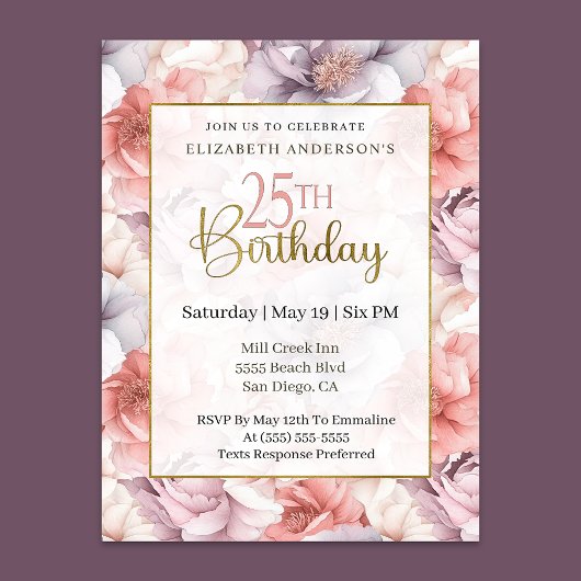 Invitation Elegant Coral and Lavender Peony 25th Birthday