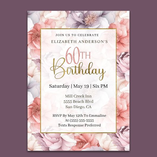 Invitation Elegant Coral and Lavender Peony 60th Birthday