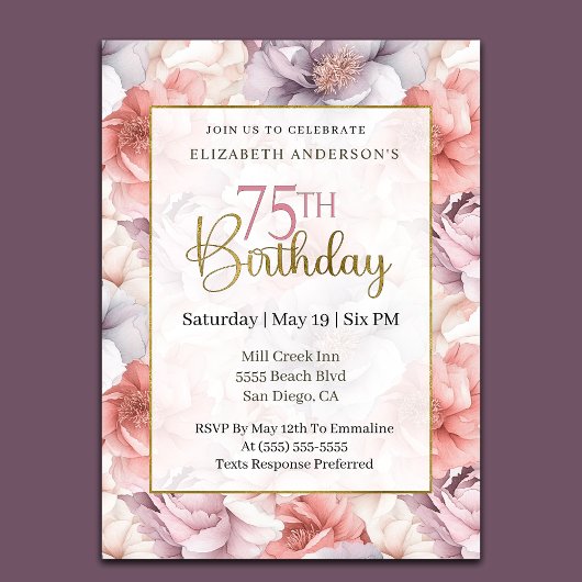 Invitation Elegant Coral and Lavender Peony 75th Birthday 