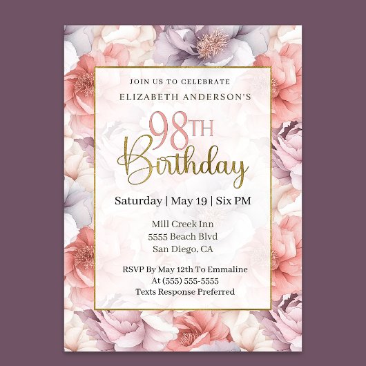 Invitation Elegant Coral and Lavender Peony 98th Birthday 