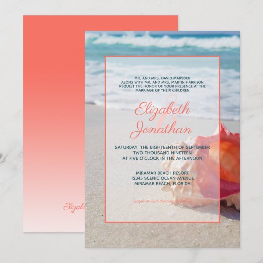 Invitation Elégant Coral Blue Tropical Beach Ombre Mariage (Devant / Derrière)