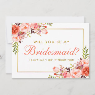 Invitation Elégant Coral Floral Gold Be My Bridesmaid