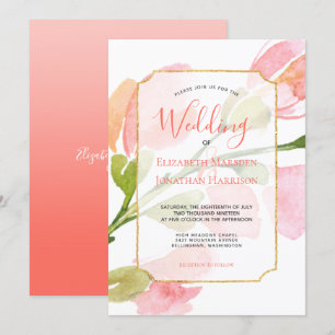 Invitation Élégant Coral Floral Ombre Or Mariage géométrique