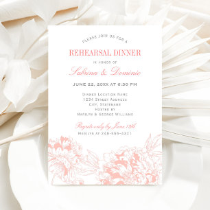 Invitation Élégant Coral Grey Floral Peony Dîner de répétitio