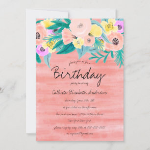 Invitation Elégant Coral Jaune Aquarelle Florale Anniversaire