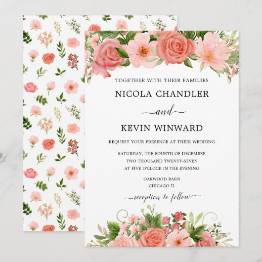 Invitation Elegant Coral Roses Floral Wedding (Devant / Derrière)