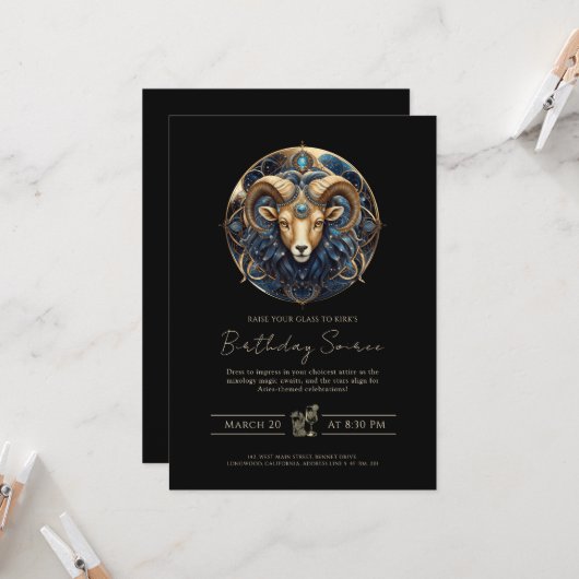 Invitation Elegant Cosmic Ram Zodiac Symbol Black Gold Aries (Devant/Arrière en situation)