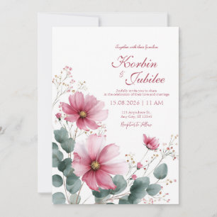 Invitation Élégant Cosmos Rose Eucalyptus Aquarelle