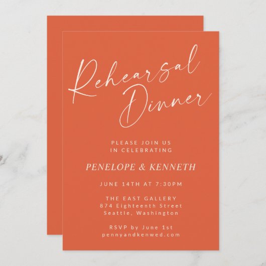 Invitation Élégant coucher de soleil orange Script Dîner de r (Devant / Derrière)