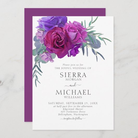 Invitation Elégant couleur violet Mariage botanique fleuri (Devant / Derrière)
