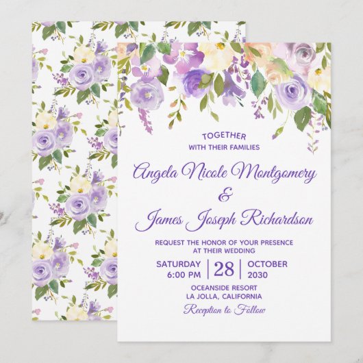 Invitation Elégant couleur violet Mariage floral (Devant / Derrière)