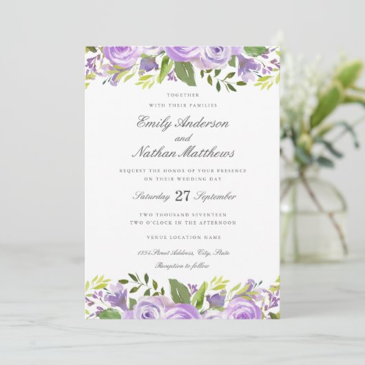 Invitation Elégant couleur violet Mariage floral (Debout devant)
