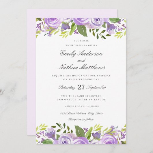 Invitation Elégant couleur violet Mariage floral (Devant / Derrière)