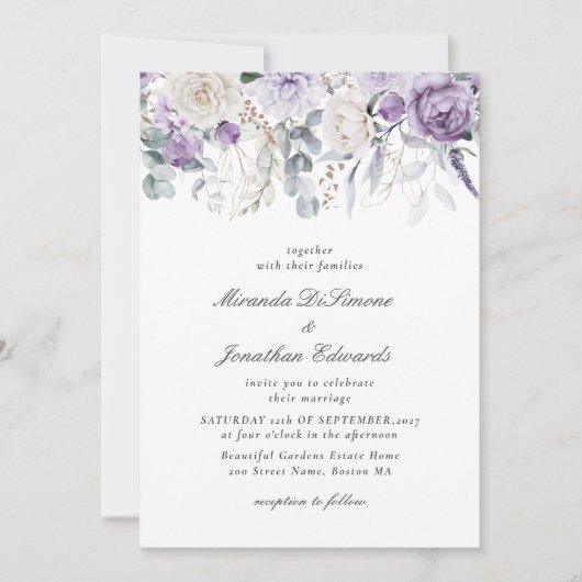 Invitation Elégant couleur violet Mariage floral (Devant)