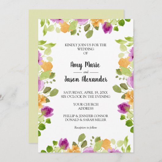 Invitation Elégant couleur violet Mariage floral (Devant / Derrière)