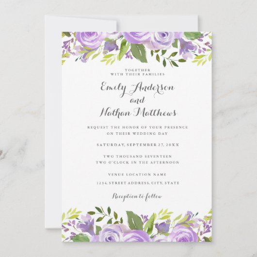 Invitation Elégant couleur violet Rose Floral Mariage (Devant)