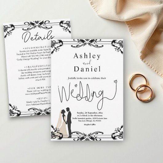 Invitation Élégant Couple Romantique Mariage noir et blanc