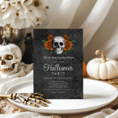 Invitation Élégant crâne floral gothique noir Halloween