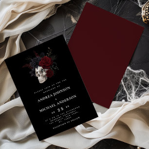 Invitation Elégant crâne floral Halloween Vin Mariage Rouge