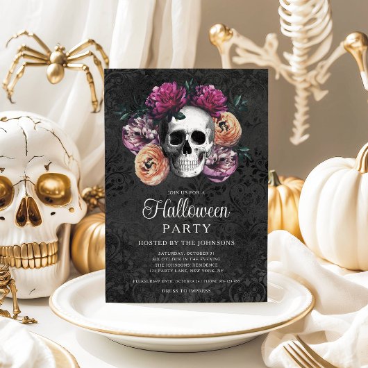 Invitation Elégant crâne gothique floral Halloween