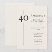Invitation Elegant Cream & Gold 40th Birthday (Devant / Derrière)