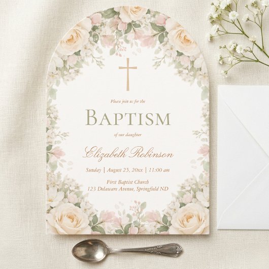 Invitation Elegant Cream Rose Floral Cross Baptism