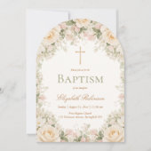 Invitation Elegant Cream Rose Floral Cross Baptism (Devant)