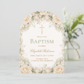 Invitation Elegant Cream Rose Floral Cross Baptism (Debout devant)