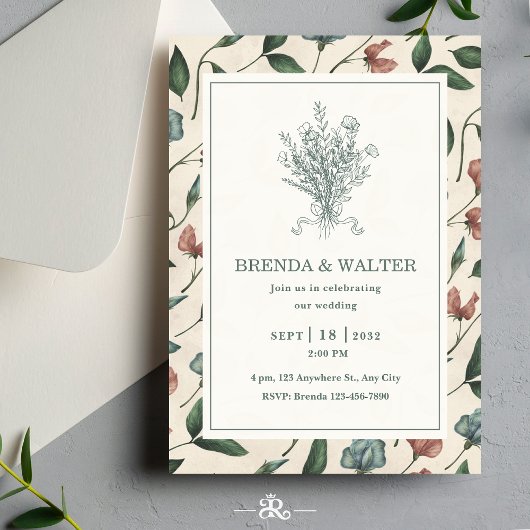 Invitation Elegant Cream Rustic Wildflower Sketch Wedding 