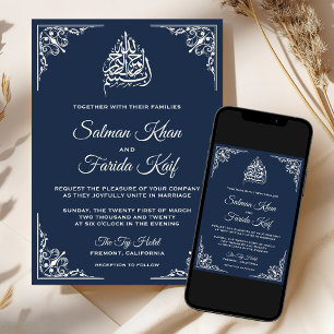 Invitation Élégant Crème Bleu Marine Mariage Islamique Musulm
