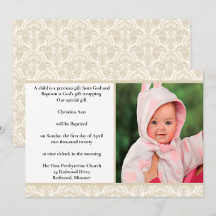 Invitation Elegant Crème Damask Design Baptême