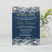 Invitation Élégant Crème Dentelle et Perles sur Bleu Annivers (Debout devant)