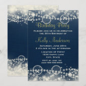 Invitation Élégant Crème Dentelle et Perles sur Bleu Annivers (Devant / Derrière)