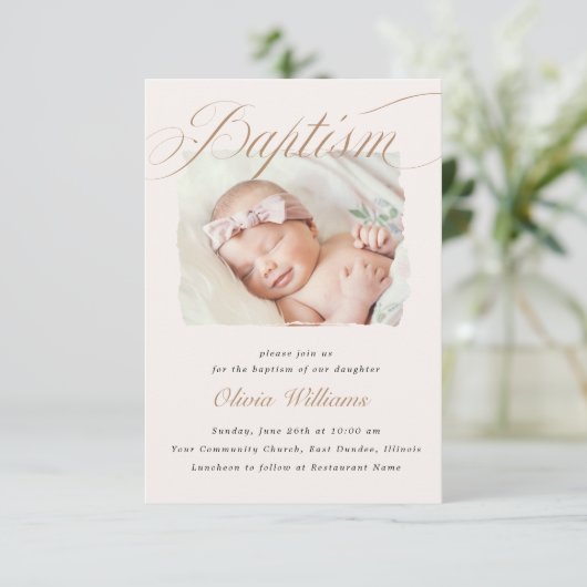 Invitation Élégant crème Dusty pétoncles Christening Baptême (Debout devant)