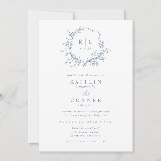 Invitation Elegant Crest Dusty Blue Classic Formal Wedding (Devant)