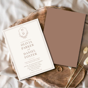 Invitation Elégant Crest Mocha Brown moderne Mariage