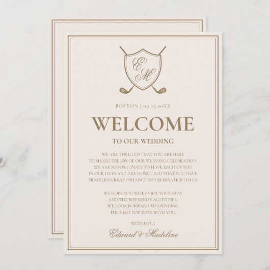 Invitation Élégant Crest Monogram Golf Mariage Note de bienve (Devant / Derrière)