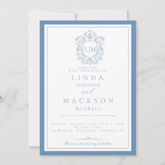 Invitation Elégant crête bleu Dusty Monogram Mariage Invitat (Devant)