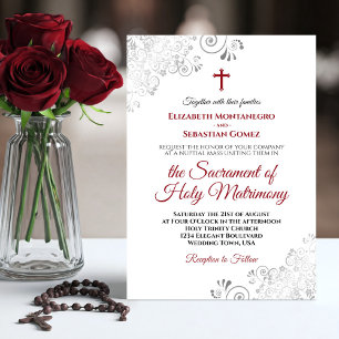 Invitation Élégant Crimson rouge et gris Mariage catholique m