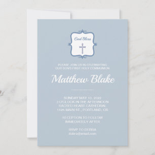 Invitation Elégant Croix Bleue Garçons Première Communion Inv