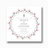 Invitation Élégant Croix Bleue Rose Jumeaux Baptême