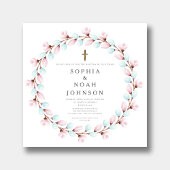 Invitation Élégant Croix Bleue Rose Jumeaux Baptême