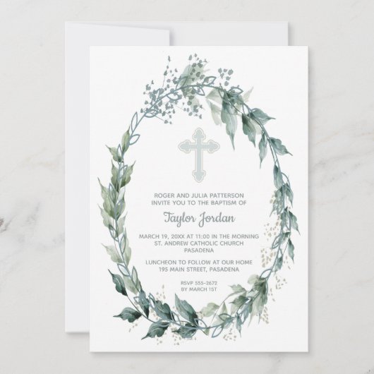 Invitation Elégant Croix Bleue Vert Baptême (Devant)